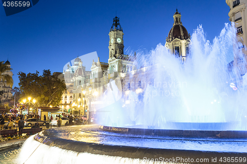 Image of Fountain on Modernism Plaza of the City Hall of Valencia, Town hall Square, Spain.