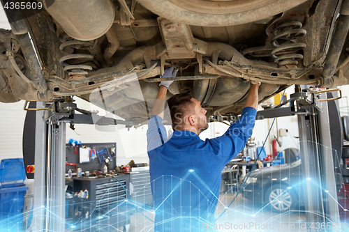 Image of mechanic man or smith repairing car at workshop