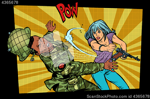 Image of woman vs man. Civil beats invader military soldier