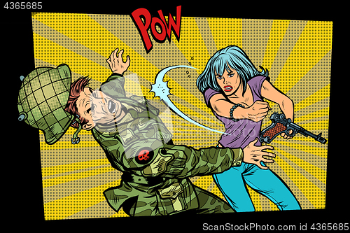 Image of woman vs man. Civil beats invader military soldier