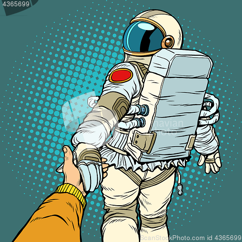 Image of astronaut space travel follow me concept, couple love hand leads