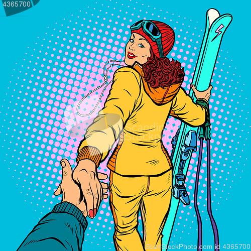 Image of skier woman, extreme winter sports. follow me concept