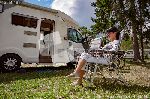 Image of Family vacation travel, holiday trip in motorhome RV