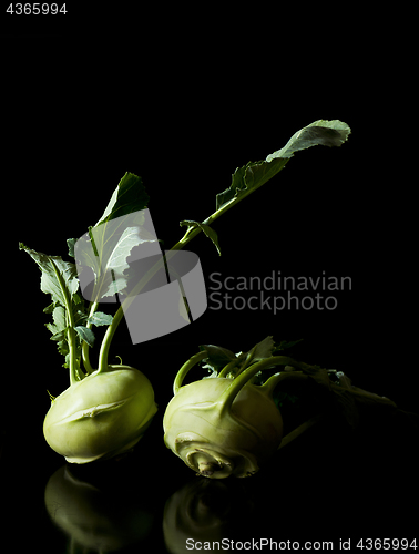 Image of Two kohlrabies (German turnip or turnip cabbage) with leaves