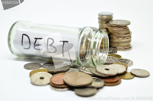 Image of Debt lable in a glass jar with coins spilling out