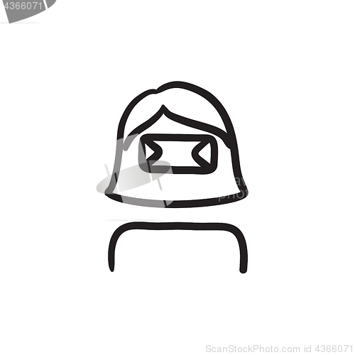 Image of Woman wearing virtual reality headset sketch icon.