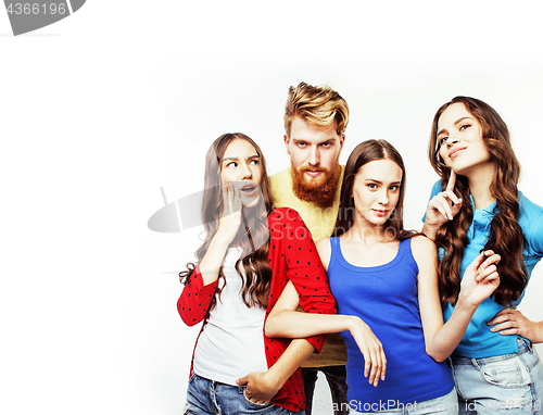 Image of company of hipster guys, bearded red hair boy and girls students