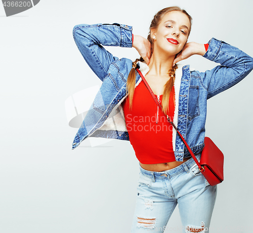 Image of young pretty stylish brunette hipster girl posing emotional isolated on white background happy smiling cool smile, lifestyle people concept closeup
