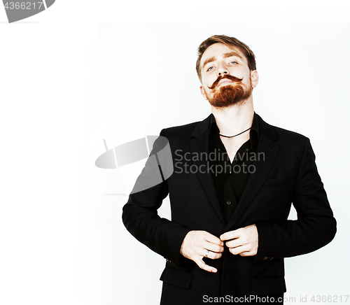 Image of young red hair man with beard and mustache in black suit on white background