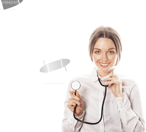 Image of young pretty woman doctor with stethoscope on white background 