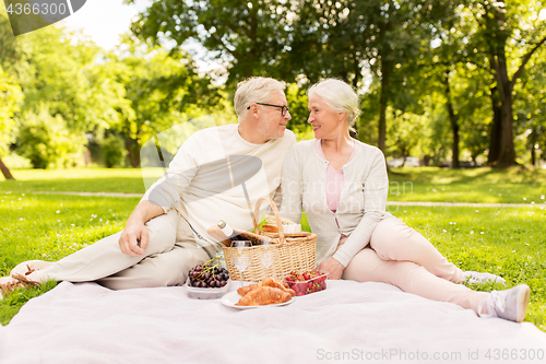 Image of happy senior couple having picnic at summer park