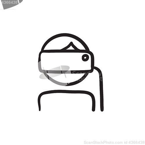 Image of Man wearing virtual reality headset sketch icon.