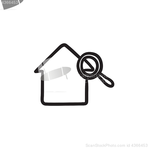 Image of House and magnifying glass sketch icon.