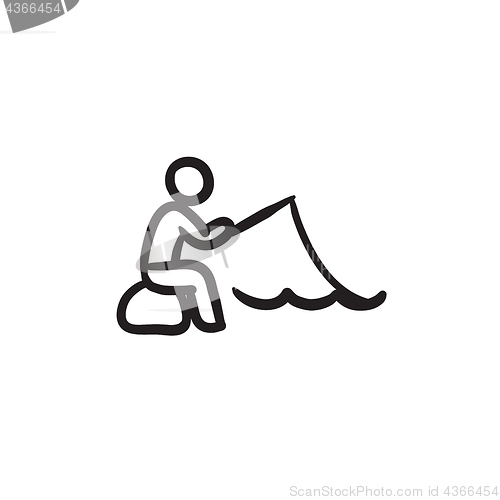 Image of Fisherman sitting with rod sketch icon.