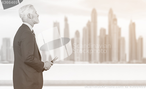 Image of Senior businessman in front of the big city