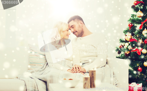 Image of happy couple at home with christmas tree