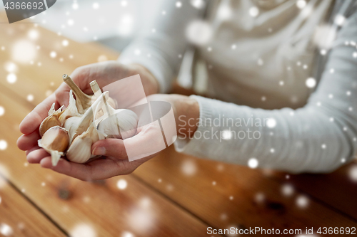 Image of woman hands holding garlic