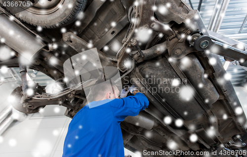 Image of mechanic man or smith repairing car at workshop