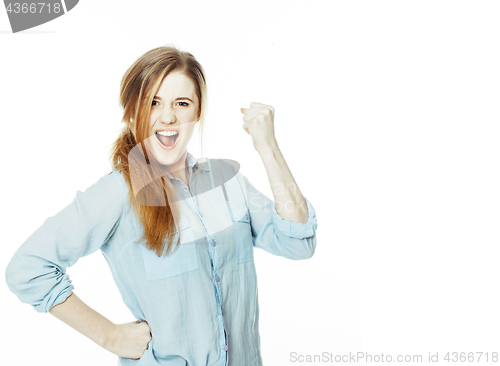 Image of cute young woman making cheerful faces on white background