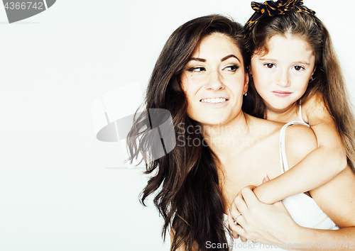 Image of young mother with two children on white, happy smiling family inside