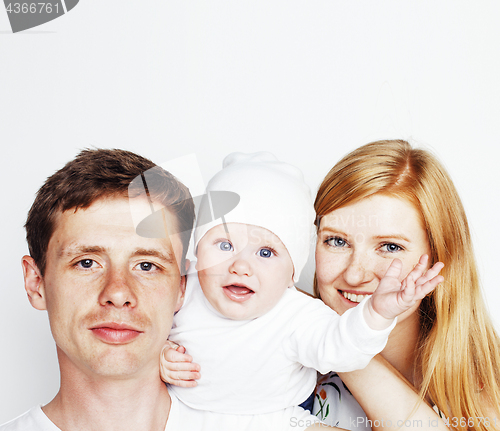 Image of young cute family, mother father son isolated on white