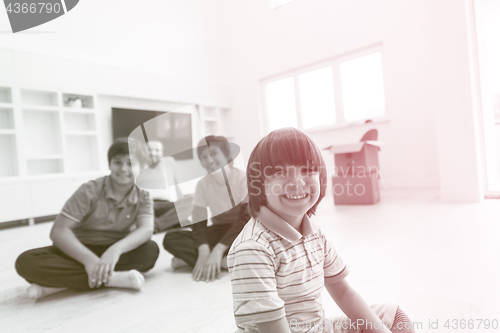 Image of portrait of happy young boys with their dad