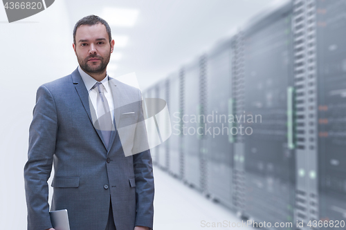 Image of Young businessman in server room