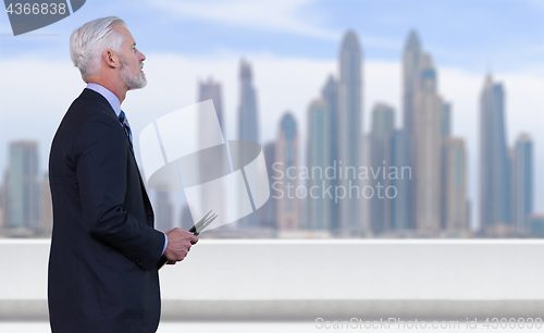 Image of Senior businessman in front of the big city