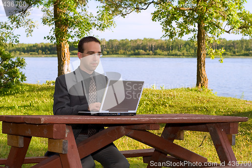 Image of Businessman Working Outside