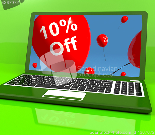 Image of Balloons On Computer Showing Sale Discount Of Ten Percent Online
