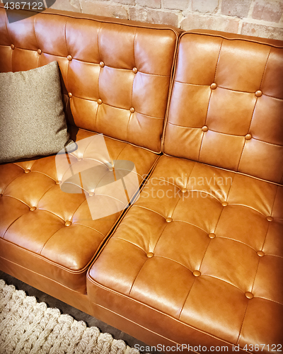 Image of Luxurious brown leather sofa with cushion