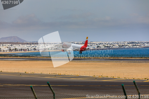 Image of ARECIFE, SPAIN - APRIL, 15 2017: AirBus A321 of IBERIA with the 
