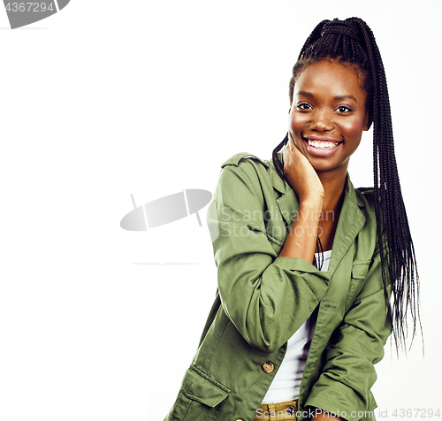 Image of young pretty african-american girl posing cheerful emotional on 