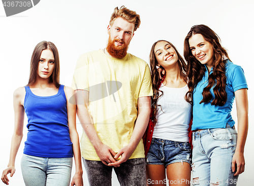 Image of company of hipster guys, bearded red hair boy and girls students