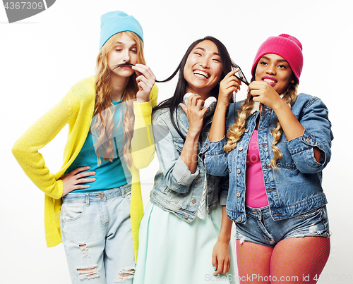 Image of diverse nation girls group, teenage friends company cheerful having fun, happy smiling, cute posing isolated on white background, lifestyle people concept