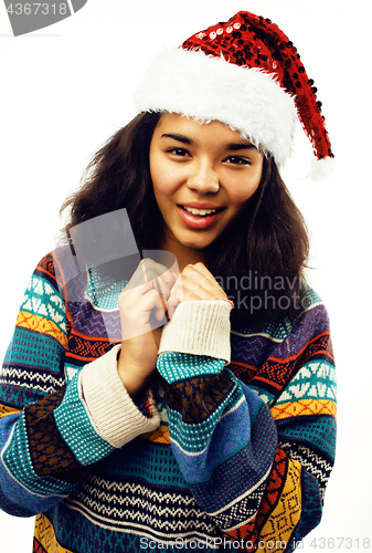 Image of cute young real african hipster girl in santas red hat isolated 