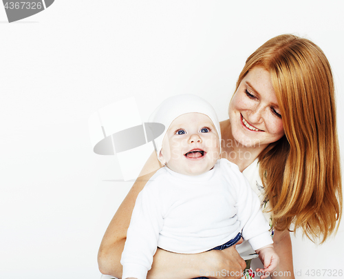 Image of young beauty mother with baby, red head happy family isolated