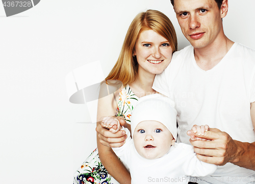 Image of young cute family, mother father son isolated on white