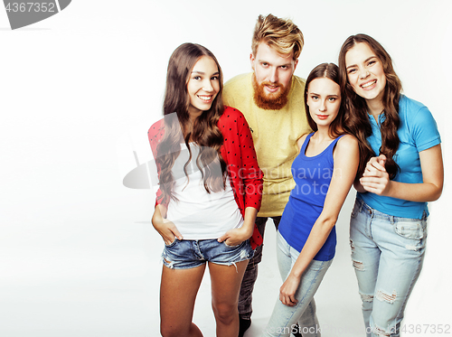 Image of company of hipster guys, bearded red hair boy and girls students