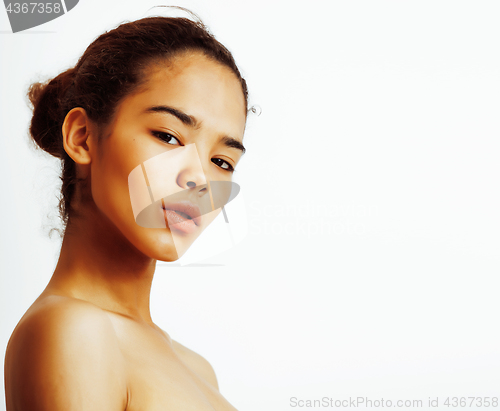 Image of young pretty african american woman naked taking care of her skin isolated on white background, healthcare people concept 