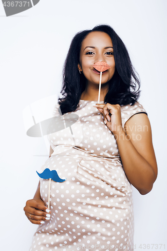 Image of young pretty african american woman pregnant happy smiling, posing on white background isolated , lifestyle people concept