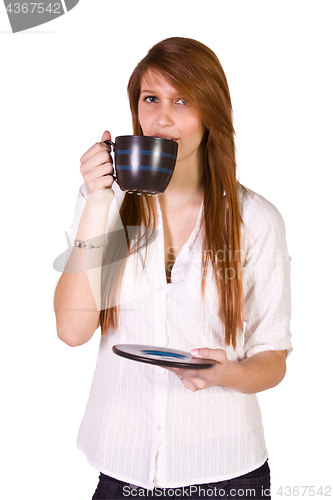 Image of Woman Drinking Coffee Standing Up