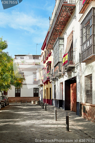 Image of The national flags of Spain hang on the balcony