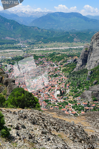 Image of Meteora rock mountains and Kalabaka city, Greece