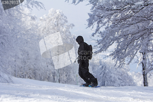 Image of Winter sport snowboarder at ski slopeand alps mountains landscap