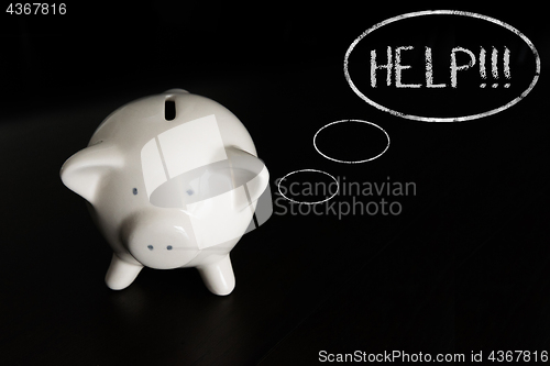 Image of Piggy bank with thought bubbles, thinking HELP