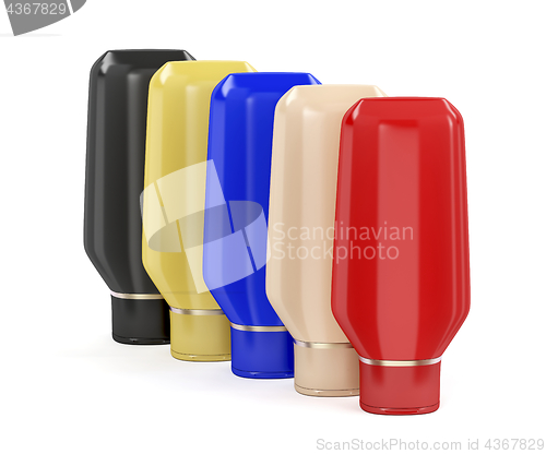 Image of Five plastic bottles for cosmetic products