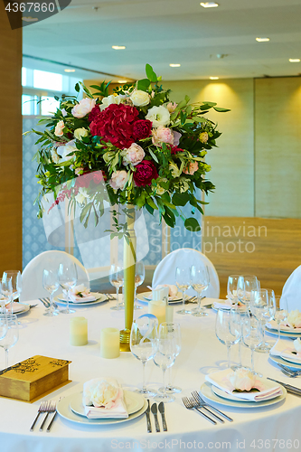 Image of Table set for wedding or another catered event dinner.
