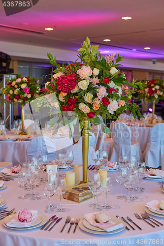 Image of Table set for wedding or another catered event dinner.