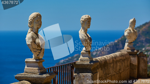 Image of Scenic picture-postcard view of famous Amalfi Coast with Gulf of Salerno from Villa Cimbrone gardens in Ravello, Naples, Italy